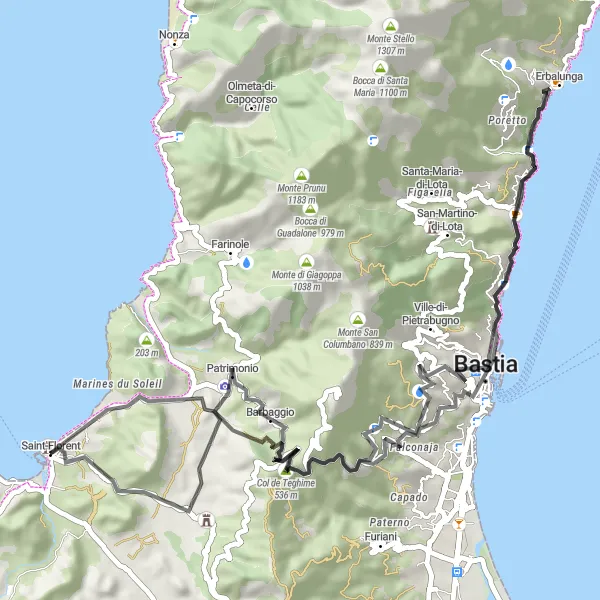 Miniature de la carte de l'inspiration cycliste "Route de Monte Sant'Angelo" dans la Corse, France. Générée par le planificateur d'itinéraire cycliste Tarmacs.app