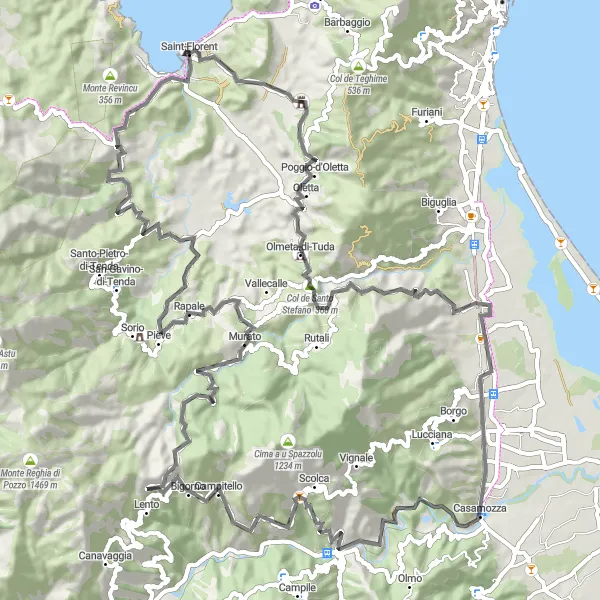 Miniature de la carte de l'inspiration cycliste "Route des Montagnes" dans la Corse, France. Générée par le planificateur d'itinéraire cycliste Tarmacs.app