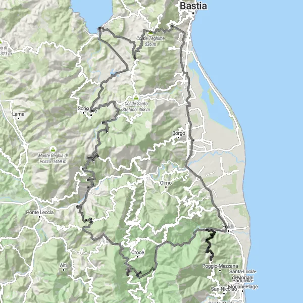 Miniature de la carte de l'inspiration cycliste "Traversée des Cimes" dans la Corse, France. Générée par le planificateur d'itinéraire cycliste Tarmacs.app
