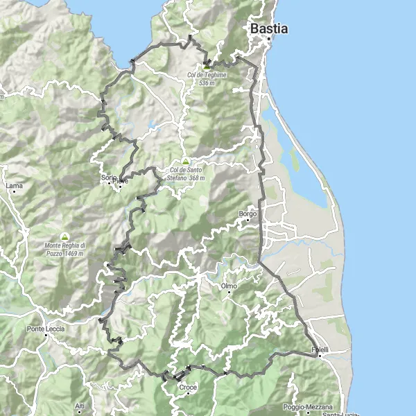 Miniature de la carte de l'inspiration cycliste "Défi sportif à travers les montagnes corses" dans la Corse, France. Générée par le planificateur d'itinéraire cycliste Tarmacs.app