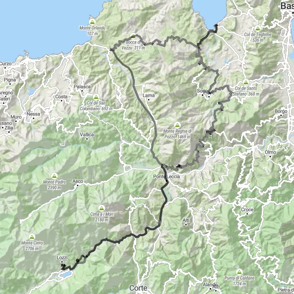 Miniature de la carte de l'inspiration cycliste "Grande Traversée des Montagnes" dans la Corse, France. Générée par le planificateur d'itinéraire cycliste Tarmacs.app