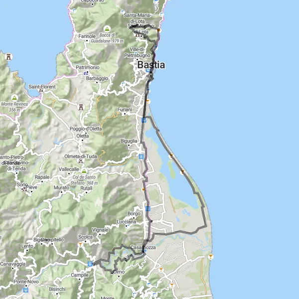 Map miniature of "The Scenic Countryside Road Cycling Route" cycling inspiration in Corse, France. Generated by Tarmacs.app cycling route planner