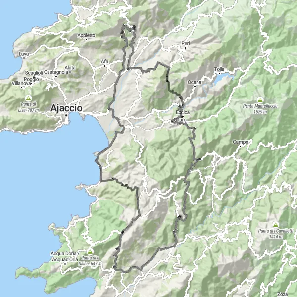 Miniature de la carte de l'inspiration cycliste "Aventure à travers les Collines Corse" dans la Corse, France. Générée par le planificateur d'itinéraire cycliste Tarmacs.app