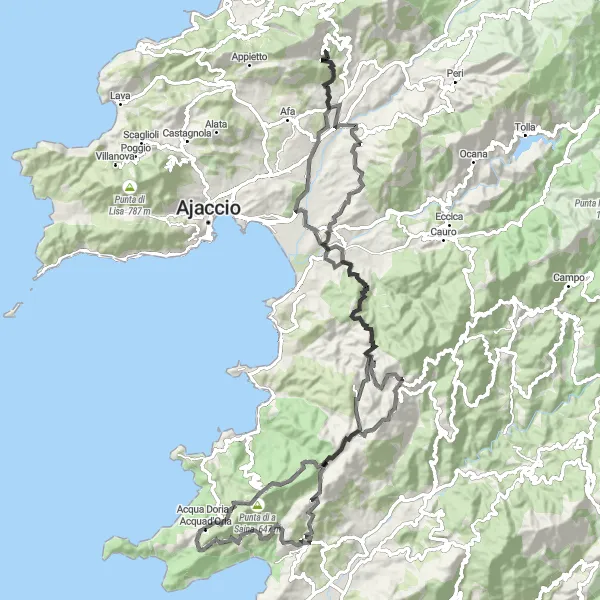 Miniature de la carte de l'inspiration cycliste "Passage par Valle di Mezzana" dans la Corse, France. Générée par le planificateur d'itinéraire cycliste Tarmacs.app