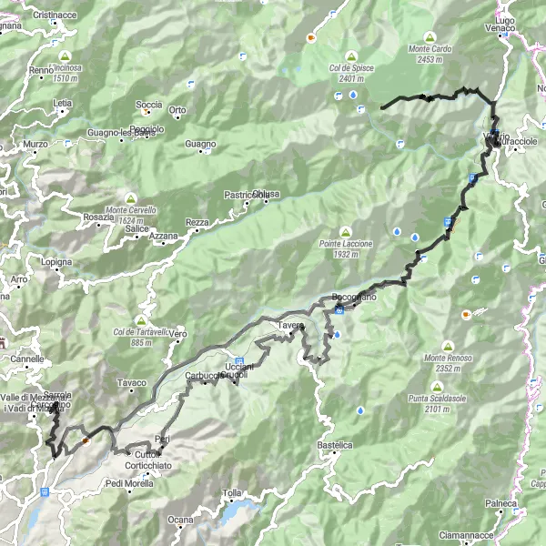 Miniature de la carte de l'inspiration cycliste "À la conquête du Col de Vizzavona" dans la Corse, France. Générée par le planificateur d'itinéraire cycliste Tarmacs.app