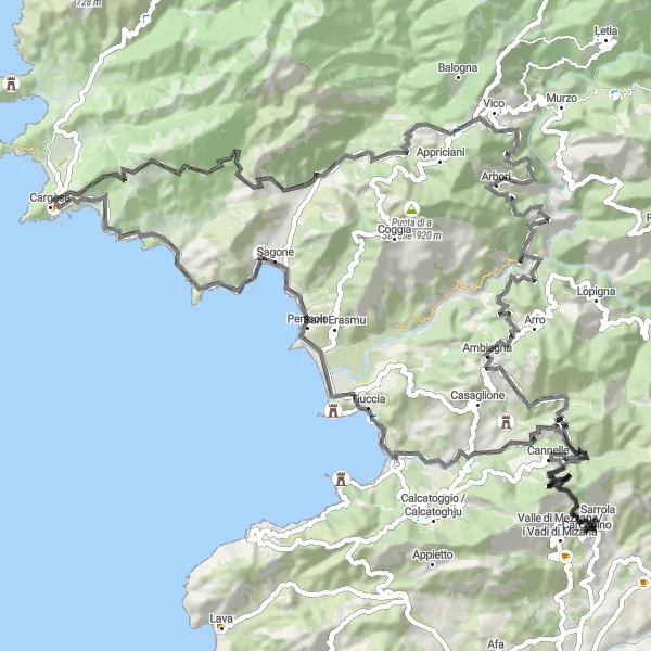 Map miniature of "Sarrola to Cinarca" cycling inspiration in Corse, France. Generated by Tarmacs.app cycling route planner