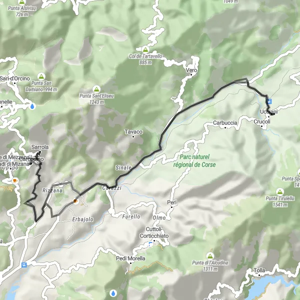 Miniature de la carte de l'inspiration cycliste "Escapade à Ucciani" dans la Corse, France. Générée par le planificateur d'itinéraire cycliste Tarmacs.app