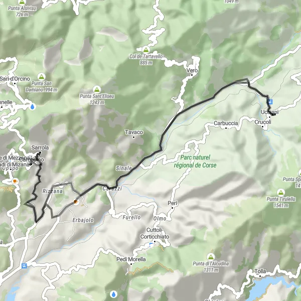 Map miniature of "Ucciani Round-Trip Road Cycling Route" cycling inspiration in Corse, France. Generated by Tarmacs.app cycling route planner