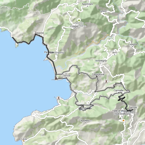 Miniature de la carte de l'inspiration cycliste "Tour des Montagnes de Sarrola" dans la Corse, France. Générée par le planificateur d'itinéraire cycliste Tarmacs.app