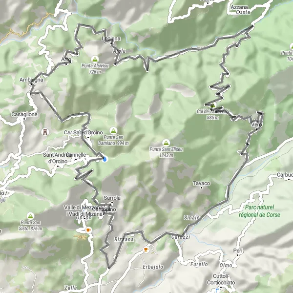 Map miniature of "Sarrola to Ambiegna" cycling inspiration in Corse, France. Generated by Tarmacs.app cycling route planner