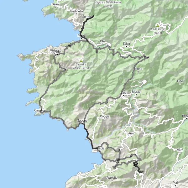 Miniature de la carte de l'inspiration cycliste "Tour des Villages Corses" dans la Corse, France. Générée par le planificateur d'itinéraire cycliste Tarmacs.app