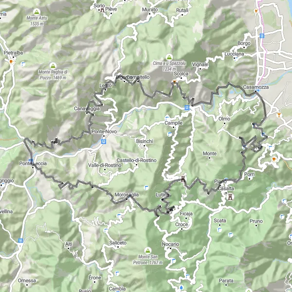 Map miniature of "Vescovato to Volpajola Round-Trip" cycling inspiration in Corse, France. Generated by Tarmacs.app cycling route planner