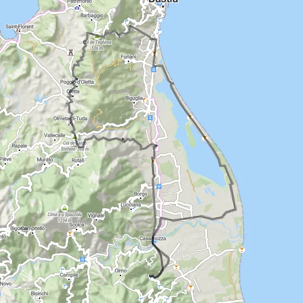 Map miniature of "Vescovato to Casamozza Round-Trip" cycling inspiration in Corse, France. Generated by Tarmacs.app cycling route planner