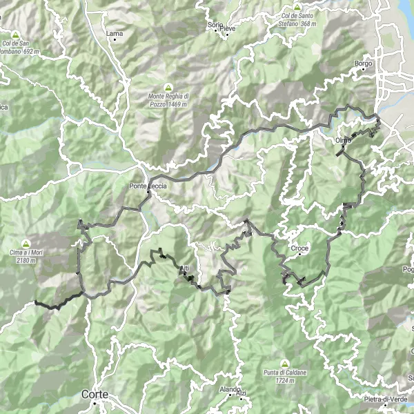 Miniature de la carte de l'inspiration cycliste "Parcours épique de Silvareccio à Prunelli-di-Casacconi" dans la Corse, France. Générée par le planificateur d'itinéraire cycliste Tarmacs.app