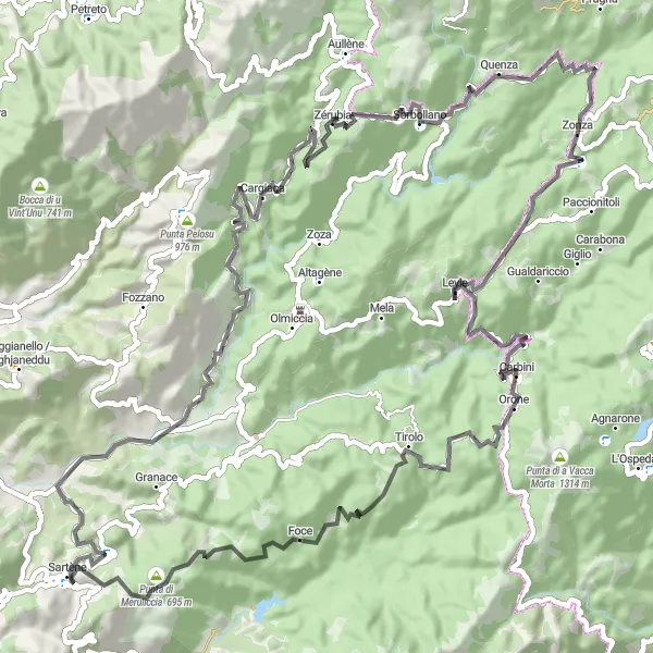 Map miniature of "Zonza Loop via Col de Bulgara" cycling inspiration in Corse, France. Generated by Tarmacs.app cycling route planner