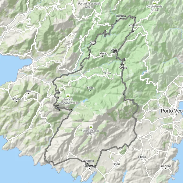 Miniature de la carte de l'inspiration cycliste "Parcours épique autour de Zonza via Poggiale" dans la Corse, France. Générée par le planificateur d'itinéraire cycliste Tarmacs.app