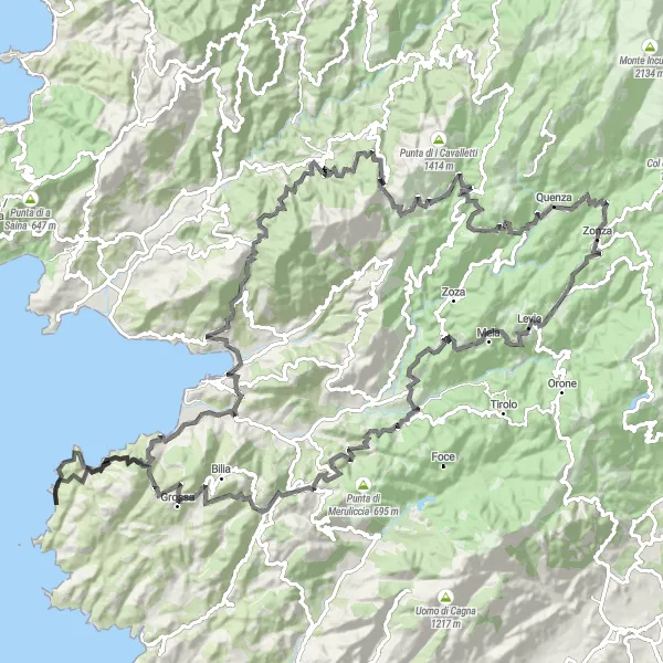 Miniature de la carte de l'inspiration cycliste "Col de Bulgara Loop" dans la Corse, France. Générée par le planificateur d'itinéraire cycliste Tarmacs.app