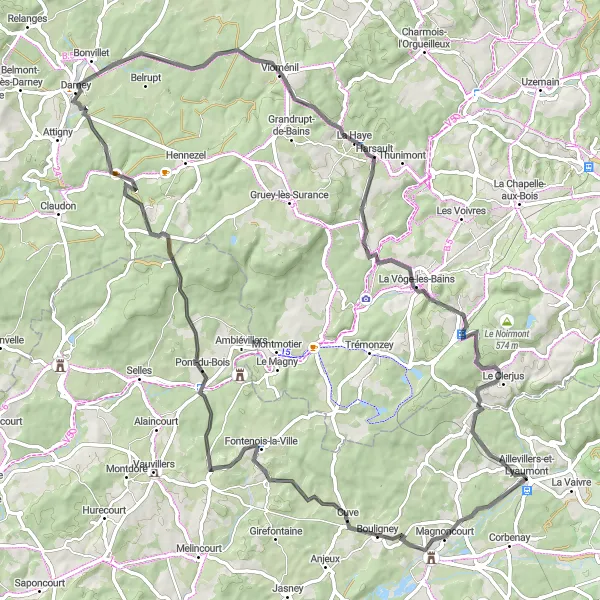 Map miniature of "Countryside Ride to Aillevillers-et-Lyaumont" cycling inspiration in Franche-Comté, France. Generated by Tarmacs.app cycling route planner