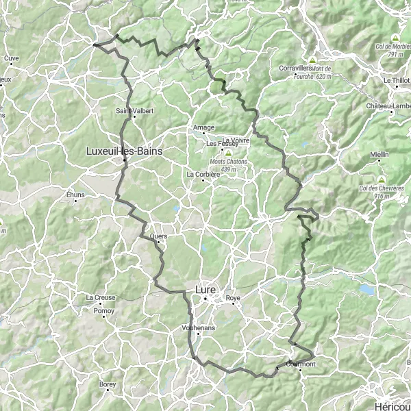 Map miniature of "Challenging Gravel Adventure near Aillevillers-et-Lyaumont" cycling inspiration in Franche-Comté, France. Generated by Tarmacs.app cycling route planner