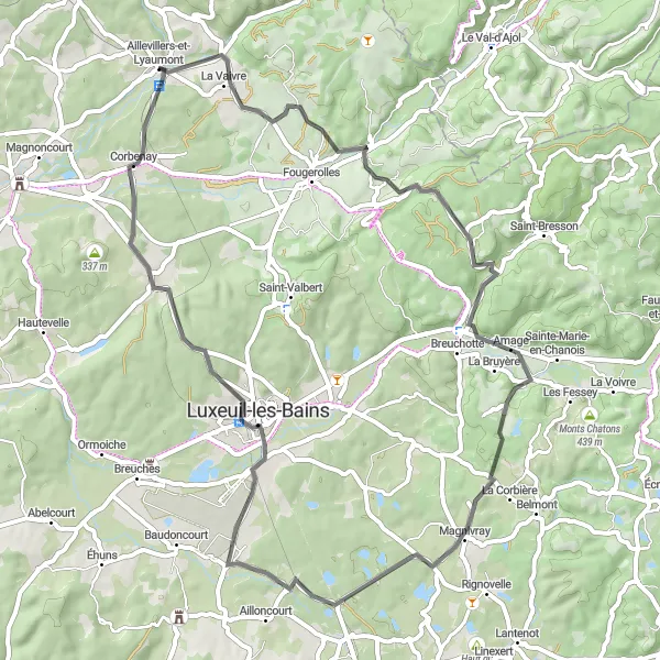 Map miniature of "Vesoul-Saint-Loup Loop" cycling inspiration in Franche-Comté, France. Generated by Tarmacs.app cycling route planner