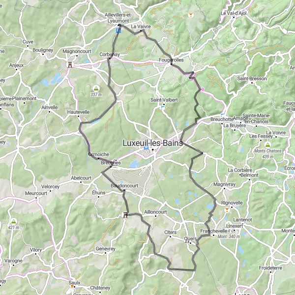 Map miniature of "Fougerolles-Blanzey Loop" cycling inspiration in Franche-Comté, France. Generated by Tarmacs.app cycling route planner