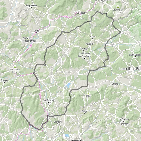 Map miniature of "Grand Tour around Aillevillers-et-Lyaumont" cycling inspiration in Franche-Comté, France. Generated by Tarmacs.app cycling route planner