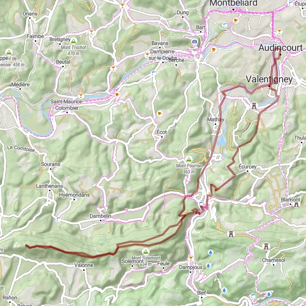 Map miniature of "Gravel Route to Mathay" cycling inspiration in Franche-Comté, France. Generated by Tarmacs.app cycling route planner
