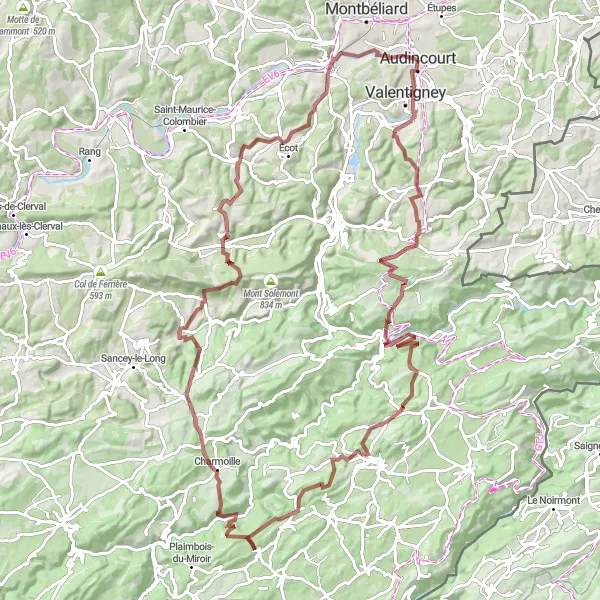 Miniature de la carte de l'inspiration cycliste "La Boucle des Hauts Sommets du Doubs" dans la Franche-Comté, France. Générée par le planificateur d'itinéraire cycliste Tarmacs.app
