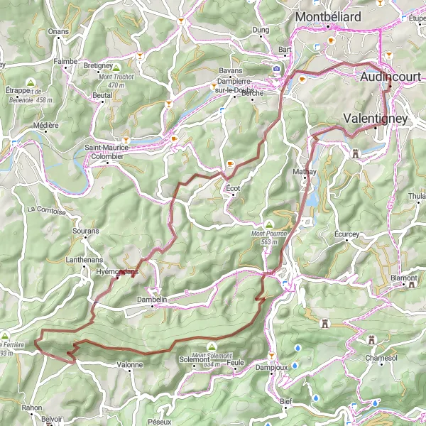 Miniature de la carte de l'inspiration cycliste "Tour du Mont Solemont" dans la Franche-Comté, France. Générée par le planificateur d'itinéraire cycliste Tarmacs.app