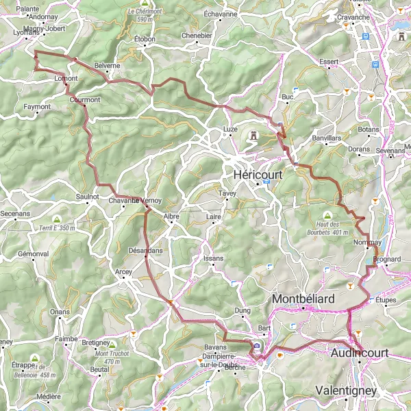 Map miniature of "Gravel Exploration of Belfort Region" cycling inspiration in Franche-Comté, France. Generated by Tarmacs.app cycling route planner