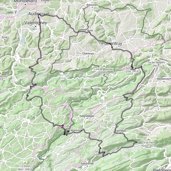 Miniature de la carte de l'inspiration cycliste "L'Épopée du Jura Suisse et du Jura Français" dans la Franche-Comté, France. Générée par le planificateur d'itinéraire cycliste Tarmacs.app