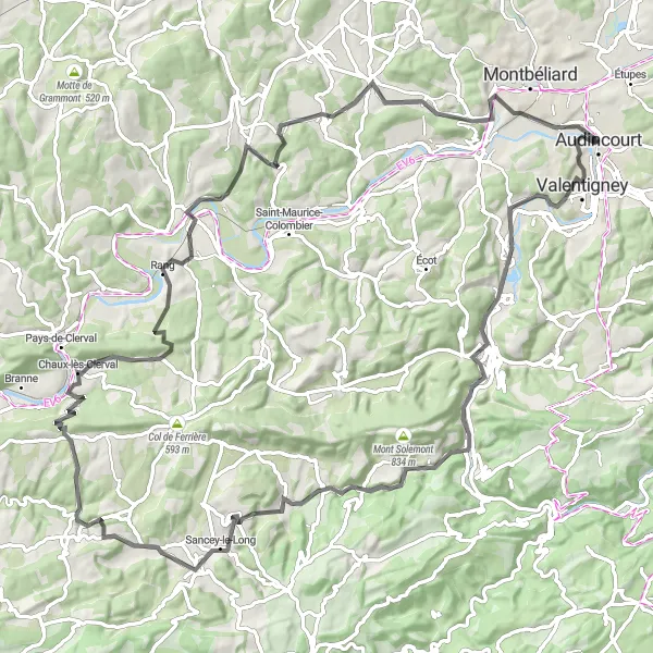 Miniature de la carte de l'inspiration cycliste "La Grande Boucle du Jura Comtois" dans la Franche-Comté, France. Générée par le planificateur d'itinéraire cycliste Tarmacs.app