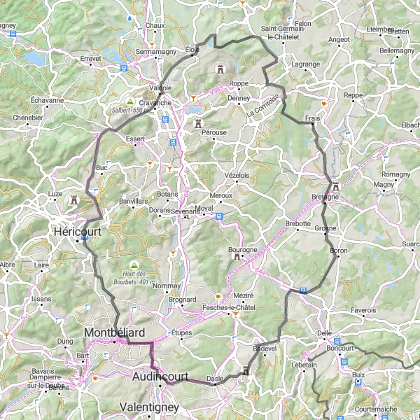 Map miniature of "Mountains and Valleys" cycling inspiration in Franche-Comté, France. Generated by Tarmacs.app cycling route planner