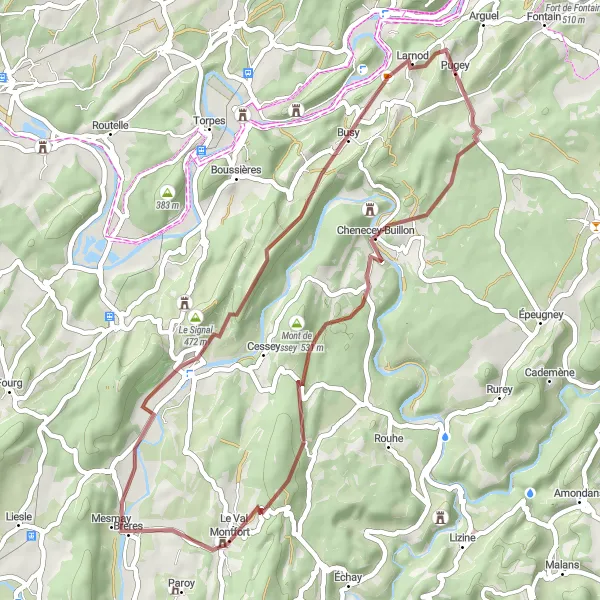 Miniature de la carte de l'inspiration cycliste "Parcours à vélo tout-terrain vers Mont de Cessey" dans la Franche-Comté, France. Générée par le planificateur d'itinéraire cycliste Tarmacs.app