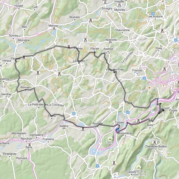 Miniature de la carte de l'inspiration cycliste "Circuit de Avanne-Aveney à Larnod" dans la Franche-Comté, France. Générée par le planificateur d'itinéraire cycliste Tarmacs.app