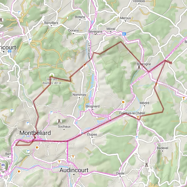 Map miniature of "Gravel Route Around Montbéliard" cycling inspiration in Franche-Comté, France. Generated by Tarmacs.app cycling route planner