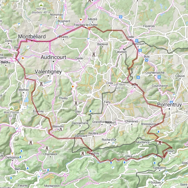 Map miniature of "Ultimate Gravel Cycling Adventure" cycling inspiration in Franche-Comté, France. Generated by Tarmacs.app cycling route planner