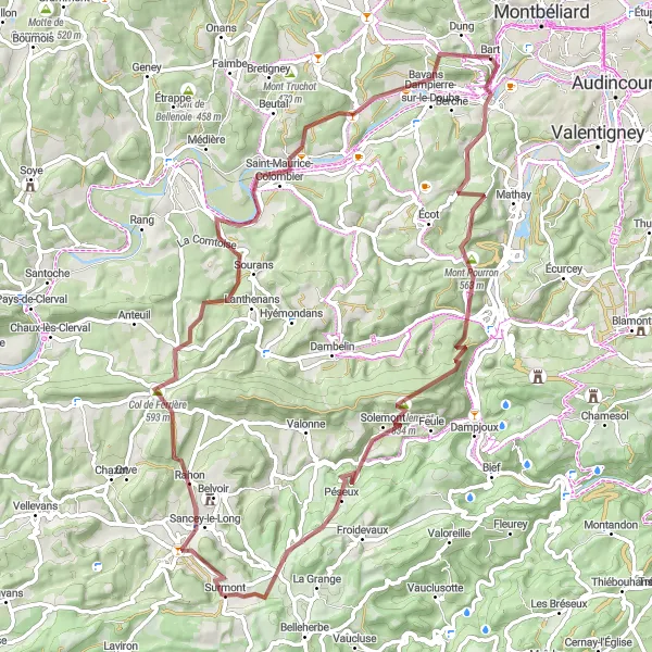 Miniature de la carte de l'inspiration cycliste "Exploration gravel de Solemont à Bavans" dans la Franche-Comté, France. Générée par le planificateur d'itinéraire cycliste Tarmacs.app