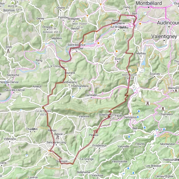 Map miniature of "The Gravel Adventure" cycling inspiration in Franche-Comté, France. Generated by Tarmacs.app cycling route planner