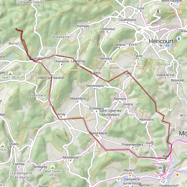 Map miniature of "Scenic Gravel Route to Villers-sur-Saulnot" cycling inspiration in Franche-Comté, France. Generated by Tarmacs.app cycling route planner