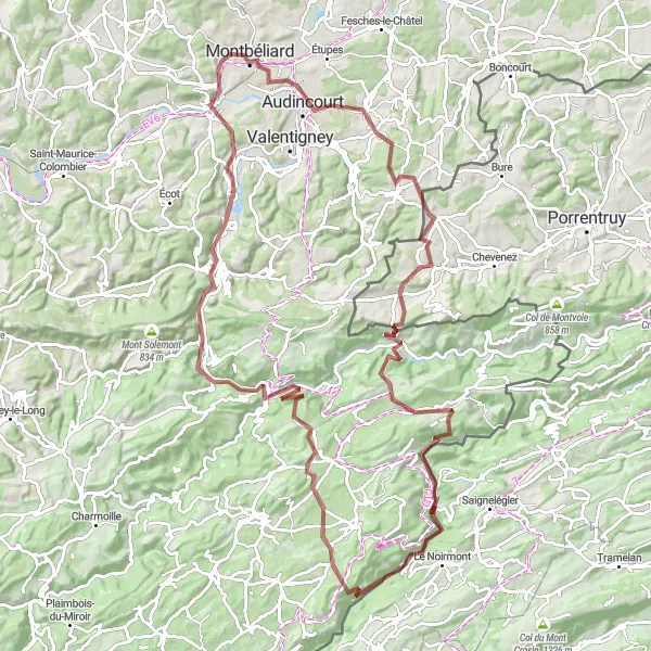 Miniature de la carte de l'inspiration cycliste "Aventure à travers les villages" dans la Franche-Comté, France. Générée par le planificateur d'itinéraire cycliste Tarmacs.app