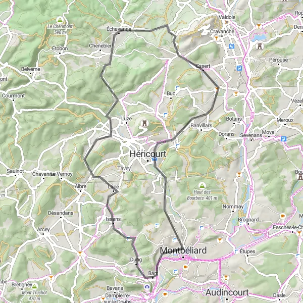 Map miniature of "Discover the Countryside" cycling inspiration in Franche-Comté, France. Generated by Tarmacs.app cycling route planner