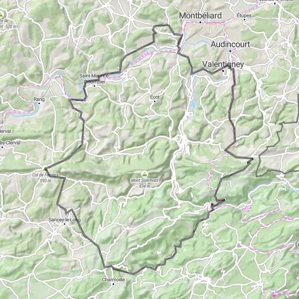 Map miniature of "Spectacular Road Cycling Tour" cycling inspiration in Franche-Comté, France. Generated by Tarmacs.app cycling route planner