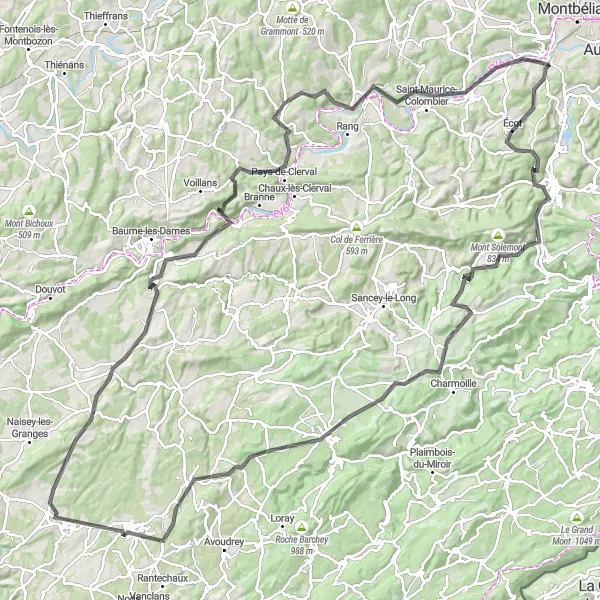 Miniature de la carte de l'inspiration cycliste "Défi vallonné de Bart à Mont Pourron" dans la Franche-Comté, France. Générée par le planificateur d'itinéraire cycliste Tarmacs.app