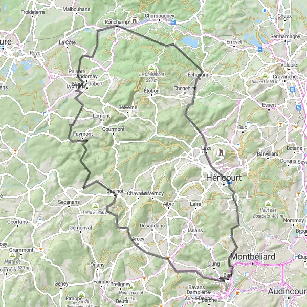 Map miniature of "Hills and Valleys" cycling inspiration in Franche-Comté, France. Generated by Tarmacs.app cycling route planner