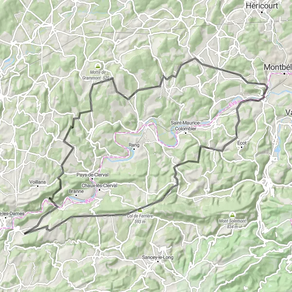 Miniature de la carte de l'inspiration cycliste "Boucle de Bart à travers les collines jurassiennes" dans la Franche-Comté, France. Générée par le planificateur d'itinéraire cycliste Tarmacs.app