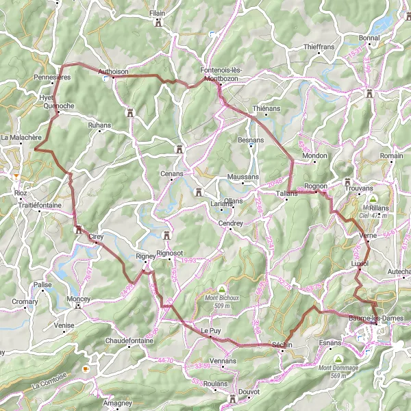 Miniature de la carte de l'inspiration cycliste "Escapade Authentique dans le Doubs" dans la Franche-Comté, France. Générée par le planificateur d'itinéraire cycliste Tarmacs.app