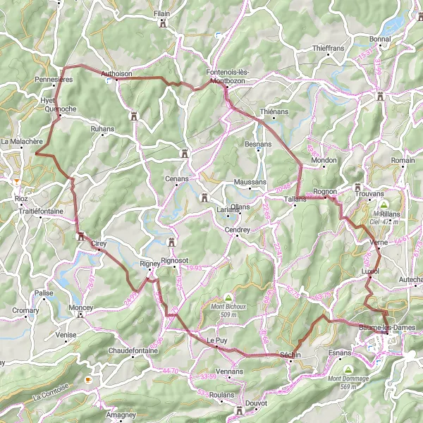 Map miniature of "Gravel Adventure" cycling inspiration in Franche-Comté, France. Generated by Tarmacs.app cycling route planner