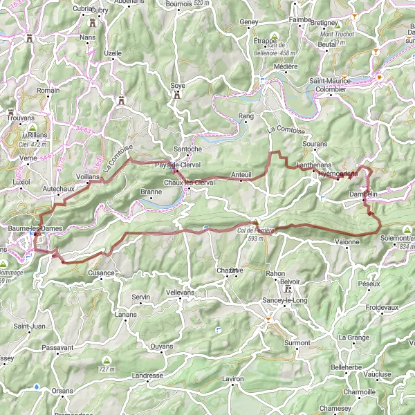 Map miniature of "Cholera Pilgrimage" cycling inspiration in Franche-Comté, France. Generated by Tarmacs.app cycling route planner