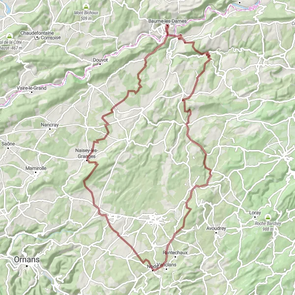 Map miniature of "Scenic Route" cycling inspiration in Franche-Comté, France. Generated by Tarmacs.app cycling route planner